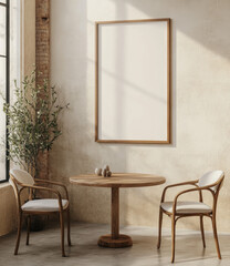 Minimalist interior scene featuring a round wooden table with two chairs, a blank framed poster on a textured wall, and a small potted plant, all bathed in soft sunlight