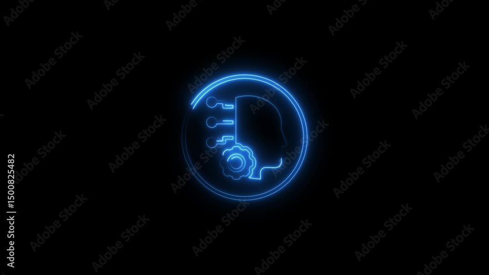 Poster animated neon icon of artificial intelligence and digital cognitive processes on black