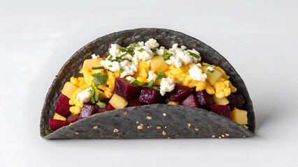 Breakfast Burrito Tacos Scrambled egg breakfast burrito with cheese and beetroot in blue corn taco for tasty meal