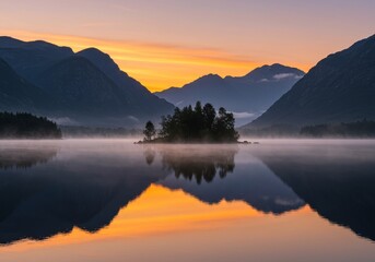 Fototapeta premium Photo of Serene Sunset Over Calm Lake with Island and Mountain Silhouette