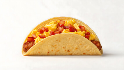 Breakfast Burrito Tacos Breakfast burrito with scrambled egg and diced tomato inside soft tortilla taco shell