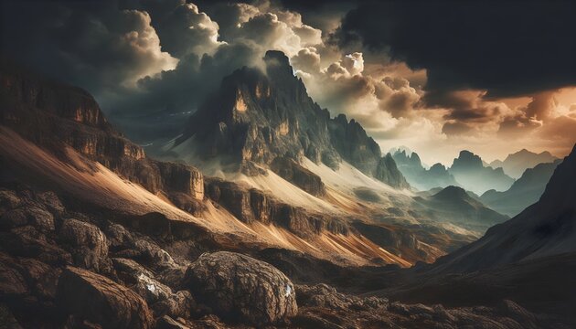 Powerful mountain range with rough textures and moody sky, cinematic stormy atmosphere. - Powered by Adobe