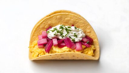 Breakfast Burrito Tacos Scrumptious breakfast burrito with scrambled eggs topped with sour cream and fresh herbs served