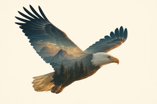 Artistic double exposure photography, close-up silhouette of a bald eagle in fligh