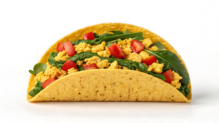 Breakfast Burrito Tacos Scrambled egg breakfast burrito with fresh spinach and tomato in soft taco shell for healthy meal