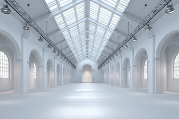 Obraz premium Bright, empty white hall with arched windows and skylight