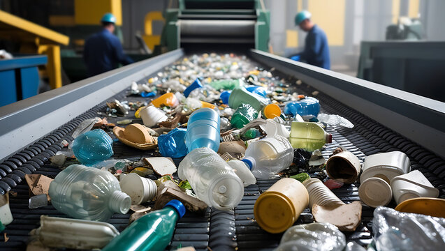 Conveyor belt carrying plastic and garbages for recycling in a factory