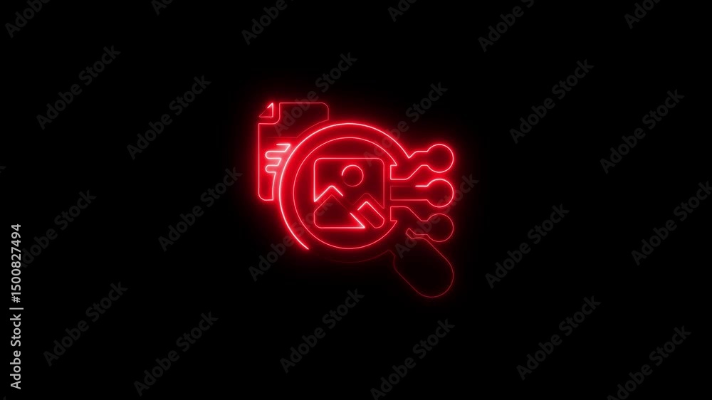 Aufkleber neon red data analysis icon on black background depicting digital information processing