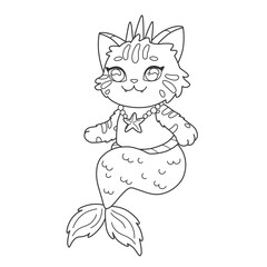 Preschool coloring page with princess mermaid cat. Little mermaid kitten in sea beads and crown for coloring book. Kawaii sea animal black outline