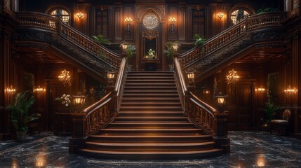 Grand wooden staircase, symmetrical design, adorned with plants and warm lighting