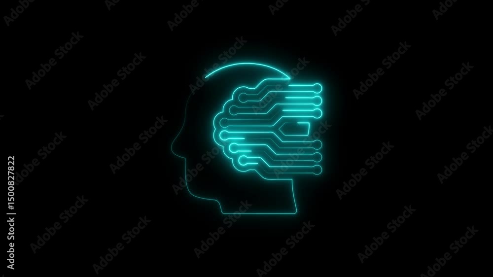 Poster glowing neon circuit board brain symbolizing artificial intelligence and technology