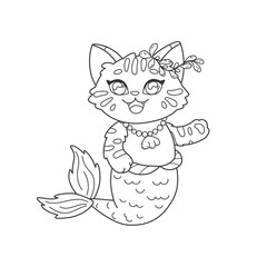 Coloring book for kids with little mermaid cat. Kawaii mermaid kitten coloring page to print. Cute underwater character art line