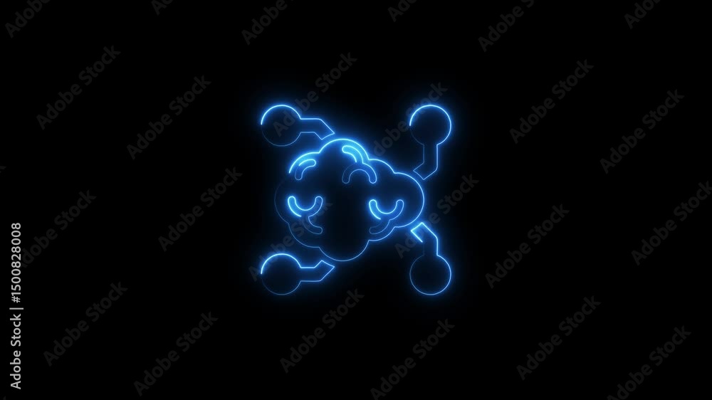 Poster animated blue neon brain symbol with connection nodes on black background