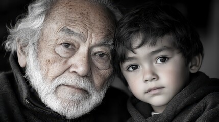 Elderly man and boy tenderly pose together, their faces close in a touching moment