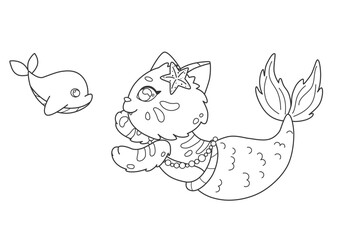 Mermaid cat with little dolphin art line for coloring page. Preschool coloring page with kawaii mermaid kitten. Friendship under water. Educational coloring book for kids