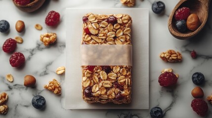 Cereal bar surrounded by berries and nuts, presented on a white marble surface