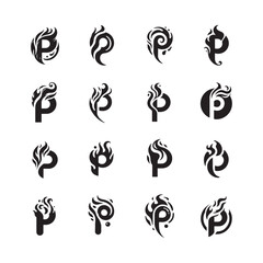 Letter P flame logo collection, burning fire style alphabet P logo icon set, creative fire silhouette design for hot branding and business identity

