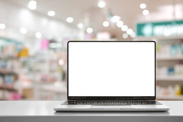 laptop with blank white screen. Background blurred white desk pharmacy shop