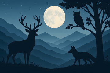 Nighttime Wildlife Silhouettes with Deer, Owl, and Fox Under Full Moon in Mountain Landscape