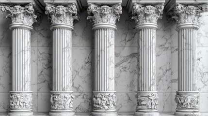 Ornate marble columns stand against a marbled wall in this symmetrical arrangement