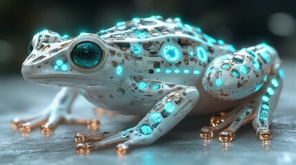 Robotic amphibian with intricate, glowing circuitry details on a stone surface
