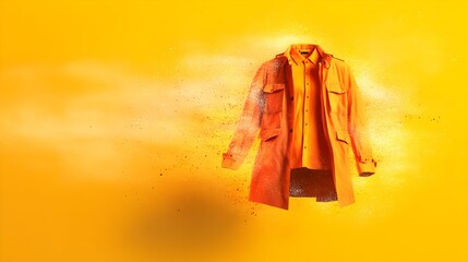 A rust-orange jacket and shirt levitate against a vibrant yellow backdrop, surrounded by a cloud of dispersed particles suggesting movement or energy