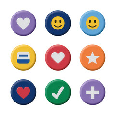 Fototapeta premium Nine colorful round badges featuring hearts, smiley faces, a star, a check mark, a plus sign, and a minus sign.