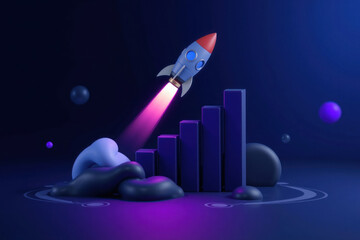 Financial lift-off. Rocket launch symbolizes rising market trends successful investment strategies.