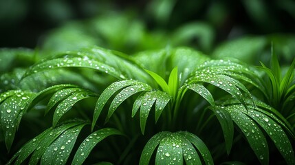 Lush, vibrant green plants adorned with dewdrops, creating a fresh, natural spectacle