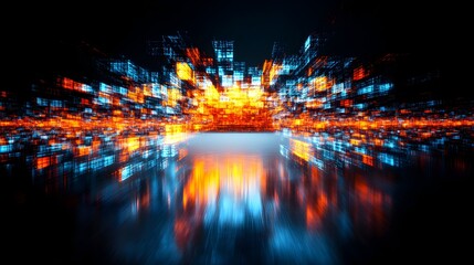 Naklejka premium Glowing, abstract cityscape reflected on a dark, glossy surface; vibrant orange and blue hues dominate, creating a sense of depth and movement