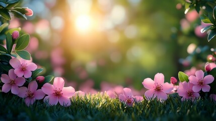 Spring blooms Pink flowers frame a sunny meadow, creating a vibrant, natural scene