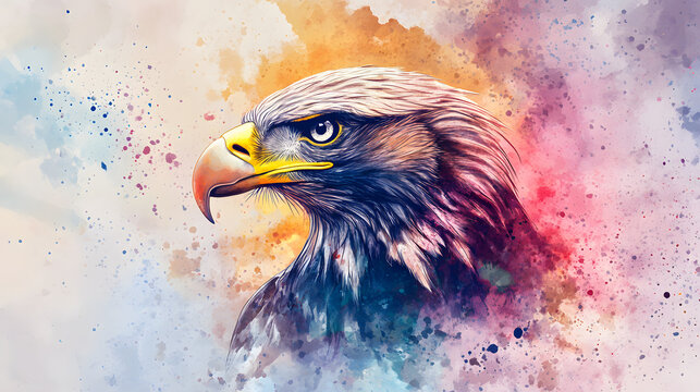 Abstract eagle painting in watercolor style on abstract watercolor background with color splashes and blur effect. Abstract animal background.