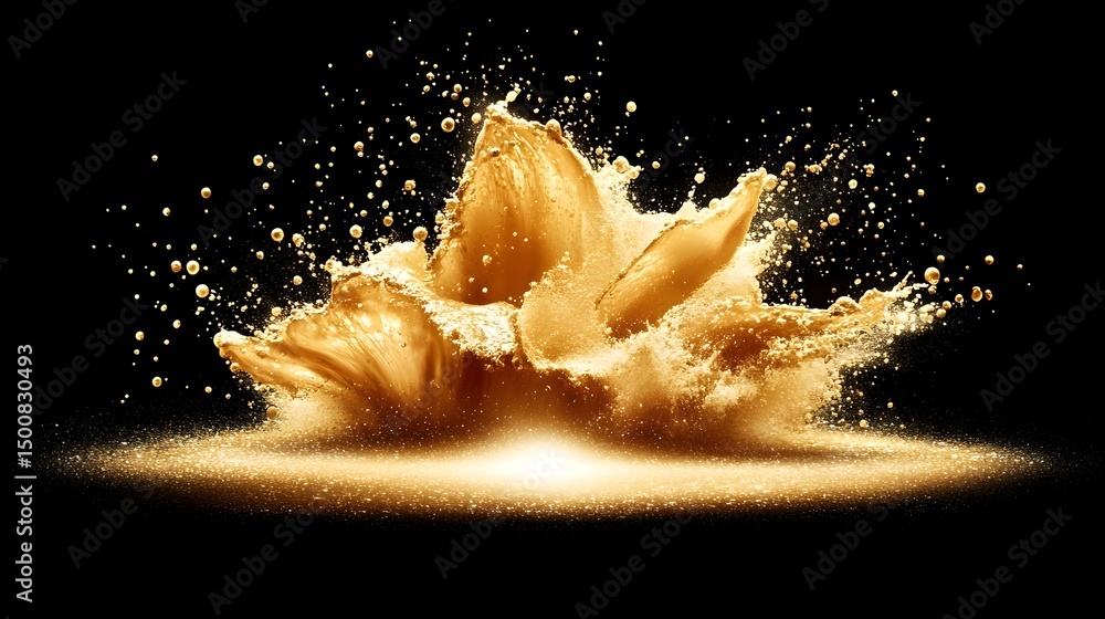 Poster golden liquid explodes against a black background, creating a dramatic splash with fine droplets and
