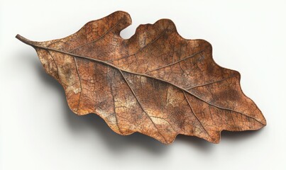 Fototapeta premium Dried oak leaf on white background; autumn nature