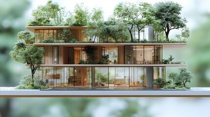 Multi-story building with verdant rooftop gardens, expansive glass windows
