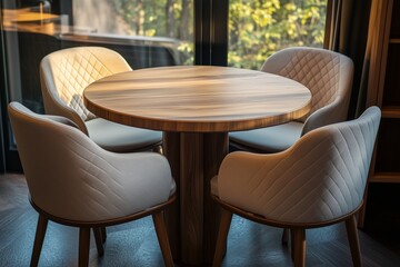 Round wooden table with four upholstered chairs., Sustainable Furniture concept