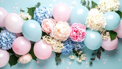 Obraz premium パステルカラーの風船と花がまわりを飾るエレガントな誕生日の背景イメージ。ピンク色と水色と白色の風船。An elegant birthday background image with pastel colored balloons and flowers decorating the surroundings. Pink, light blue and white balloons.