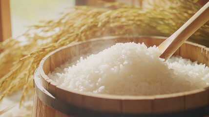 木製おひつに盛られた炊きたてご飯