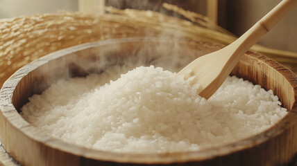 木製おひつに盛られた炊きたてご飯