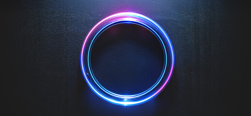 Circle picture frame with  neon color graphic on dark wall background.