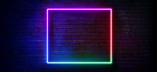 Square picture frame with  neon color graphic on  brick wall background. 