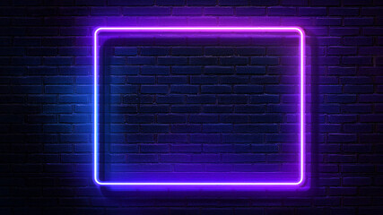 Square picture frame with  neon color graphic on  brick wall background. 