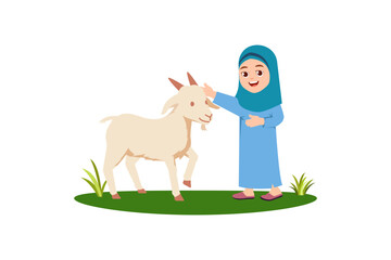 Little muslim girl playing with a baby goat. Eid al Adha vector illustration