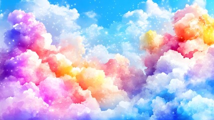 Fototapeta premium Rainbow-hued cloudscape, shimmering with pastel colors and sparkling dust motes against a bright blue sky