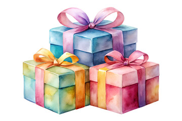 Obraz premium Watercolor gift box stack isolated on transparent background 