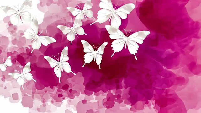 White butterflies flutter amidst a vibrant fuchsia watercolor backdrop