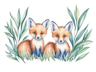 Fototapeta premium Two Adorable Fox Cubs Surrounded by Lush Greenery and Leaves