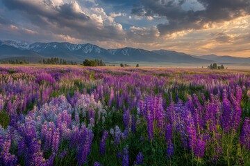 Naklejka premium Lupine field blooms below snow-capped mountains under a dramatic, cloudy sky at sunrise