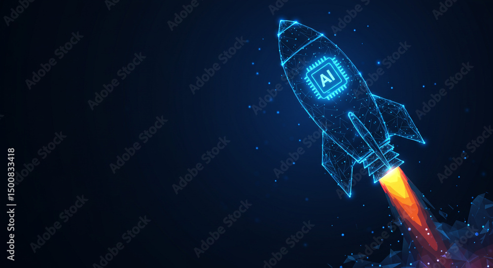 Aufkleber a digital rocket with ai chip taking off against a dark blue background with smoke and particle effe