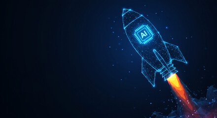 A digital rocket with ai chip taking off against a dark blue background with smoke and particle effects